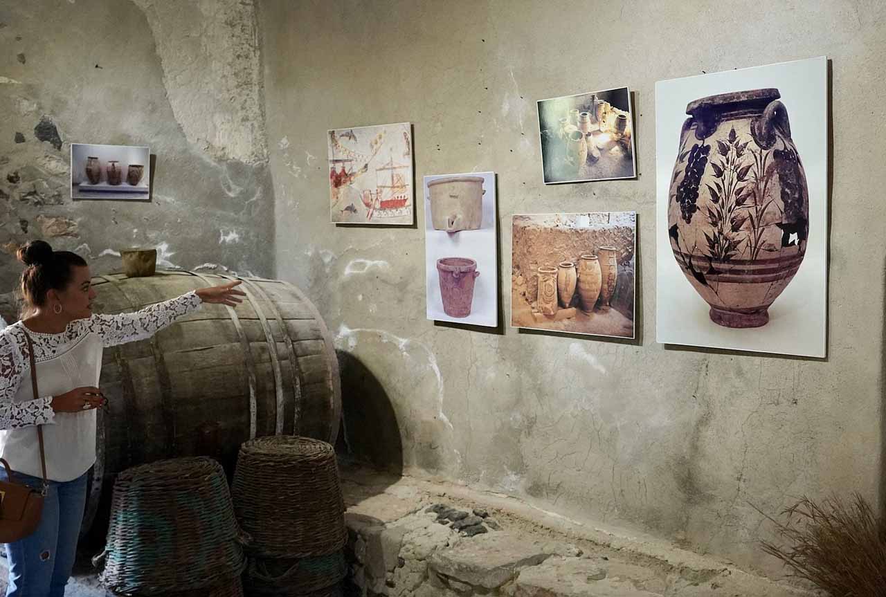 Wine guide explaining traditional winemaking in a Santorini winery cellar with old barrels and amphorae
